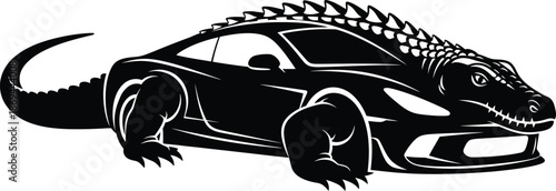 A black and white illustration of a car transformed into an alligator with sharp teeth and claws.