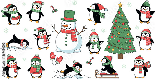 Set of cute Christmas penguins with snowman and decorated tree, flat vector illustration of winter holiday characters in scarves and hats