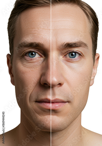 Caucasian man's face split vertically: one half elderly and wrinkled, the other youthful and smooth, against a beige studio background with copy space. Concept of anti-aging and youth restoration