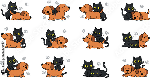Set of cute black cat and brown dog best friends, kawaii kitten and puppy characters vector illustration