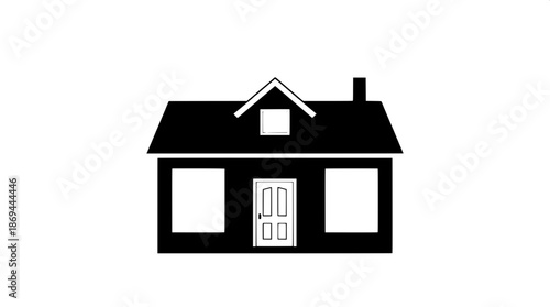 Flat black house illustration with a straightforward and minimalistic design, featuring white framed windows and a white framed door, a simple roof with a slight incline, and a centered composition th
