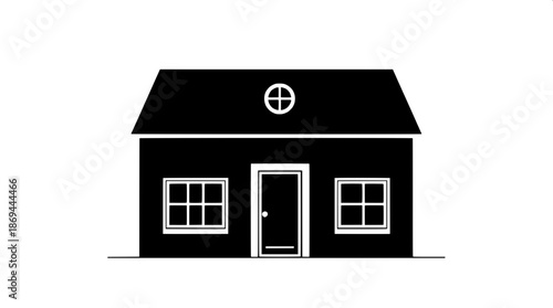 Flat black house illustration with a straightforward and minimalistic design, featuring white framed windows and a white framed door, a simple roof with a slight incline, and a centered composition th