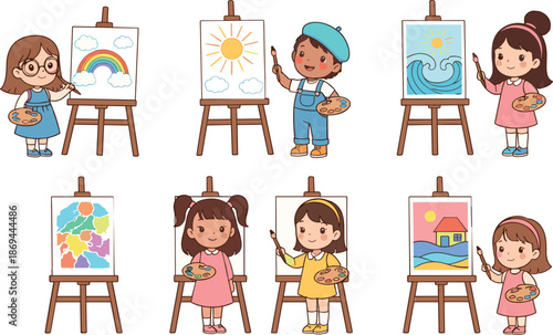 Set of cute diverse children painting on easels, happy kids artists with brushes and palettes vector illustration