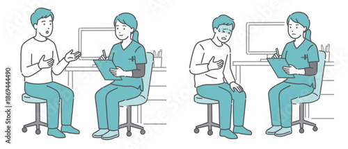 問診と体調不良の男性患者セット（女性医師・スクラブ）