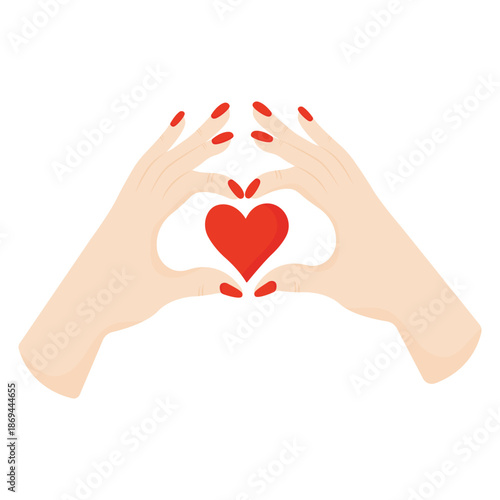 Female hands making heart shape gesture with red heart symbol for Valentines Day or love concept.