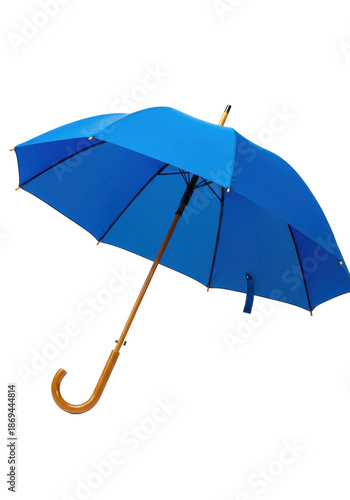 An open deep blue nylon umbrella with light wooden shaft and handle, standing on a pristine transparent background with copy space. Concept for elegant weather protection advertising