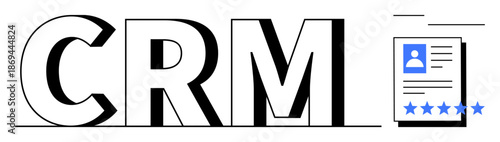 CRM text accompanied by a profile document featuring a user icon and five-star rating. Ideal for customer relationship management, software tools, user feedback, business analysis, client management