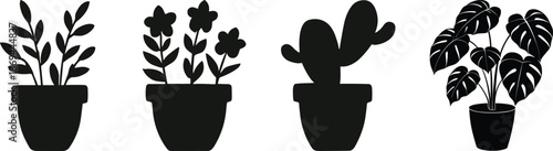 Silhouette plant icon set – filled style for gardening, botany, and nature graphics: succulent, potted plant, cactus, terrarium, bonsai, garden sign, leaf vase.