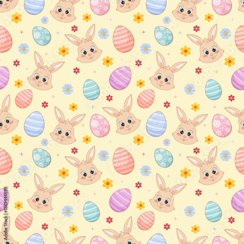 Seamless Easter Pattern with Cute Bunny Faces and Colorful Eggs