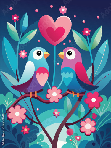 Cute Lovebirds on a Branch Vector Illustration