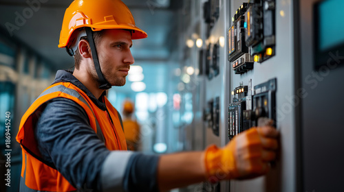 Faceless worker in orange safety vest and helmet monitoring machinery controls, industrial setting, safety and technology in workplace, professional operator, with copy space