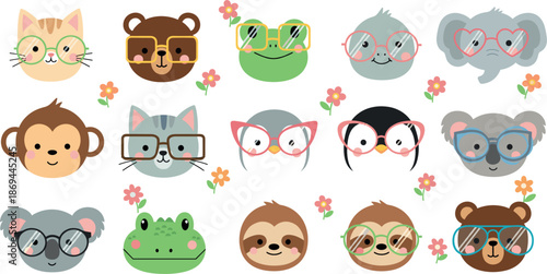Set of cute kawaii animals wearing glasses, funny vector illustration of animal faces including cat bear frog elephant and sloth