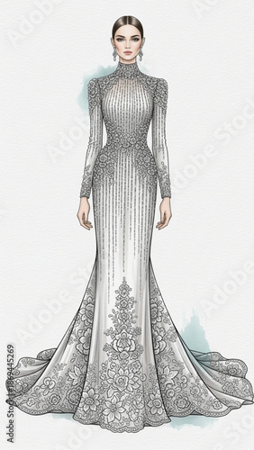 Elegant fashion sketch of a haute couture evening gown with intricate lace detail and high neck design