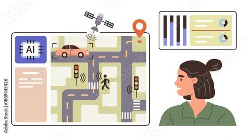 Smart cities, AI technology, autonomous vehicles, urban data, traffic solutions, navigation systems. Image of AI-driven traffic systems with satellite data and sensors. Smart cities and AI technology