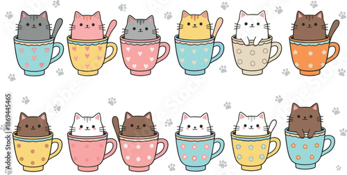 Set of cute kawaii cats in teacups, funny kitten characters vector illustration