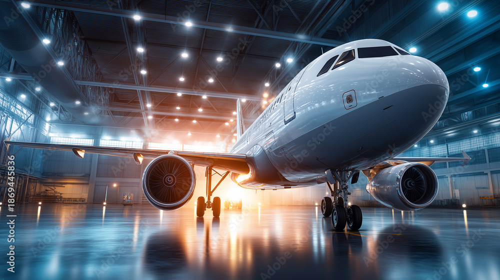 Fototapeta premium Large aircraft positioned in spacious hangar, clean modern environment with bright lighting and polished floors, aviation facility interior, with copy space
