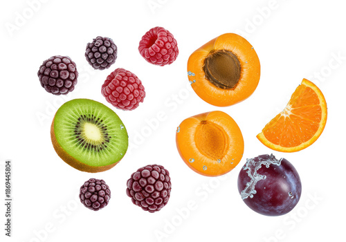 Fresh frozen blackberries, red raspberries, kiwi, apricot, plum, tangerine segments suspended with dynamic water splashes on white with copy space, high-key studio lighting. Concept for refreshing