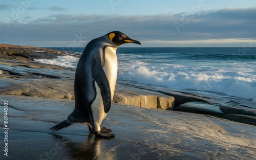 King penguin standing on a rocky shoreline during golden sunset with crashing ocean waves