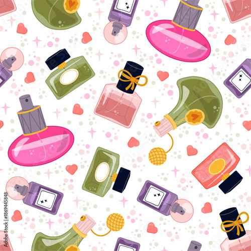 Womens perfume seamless pattern. Scented liquid in different glass bottles. Aroma cosmetics. Luxury pump flacons. Repeated print. Toilet water and colognes vials. Vector background