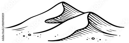 Hand drawn line art illustration of sand dunes depicting a desert landscape for nature exploration