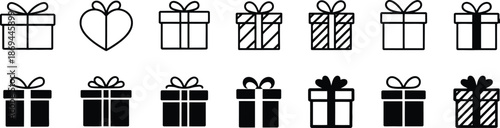 Collection of black and white gift box icons