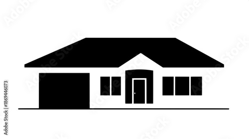 Flat architectural icon of a house with a monochrome color scheme featuring bold black shapes and crisp white accents, the house icon has a minimalist aesthetic with clean lines and geometric shapes, 