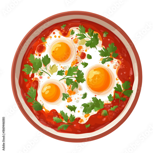 2D minimalist flat vector of a Shakshuka, contemporary clean design isolated on white.