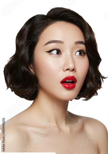Young East Asian woman, dark bob, red lipstick, bare-shouldered, looking right with wide eyes, surprised and joyful in studio on white background with copy space, high fashion beauty concept