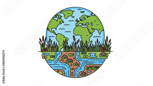 Earth with lush vegetation and waterways illustrating ecosystem and environmental balance
