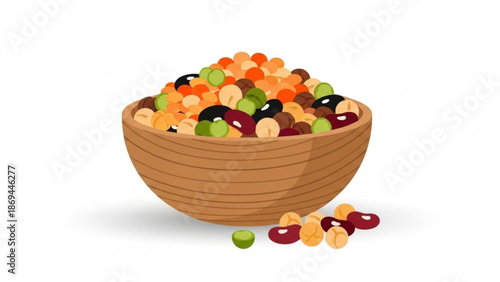 A wooden bowl overflowing with a colorful mix of beans and peas on a white background