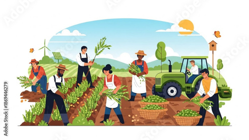Farmers harvesting fresh produce on a sunny day with a green tractor and wind turbine