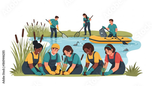 Diverse group of people cleaning up a pond with trash grabbers and bags with environment