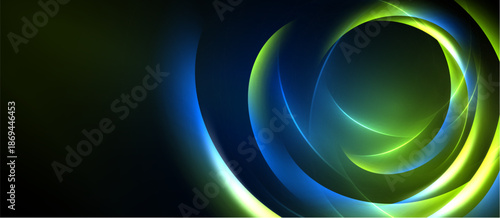 Abstract design features swirling neon lights, vibrant greens, blues. Dark background emphasizes luminous curves, creating dynamic visual effect.