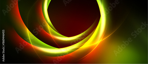 Abstract design features vibrant curves, gradients. Colors blendyellow, green, redagainst dark background. Dynamic, modern aesthetic.