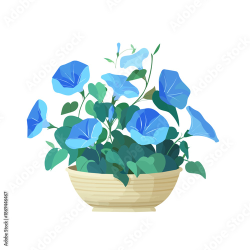 A simple and modern flat 2D vector of a Morning Glory Basket, isolated on a pure white background.