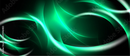 Abstract design features flowing green lines, bright highlights, dark background. Dynamic curves create energy, visual interest.