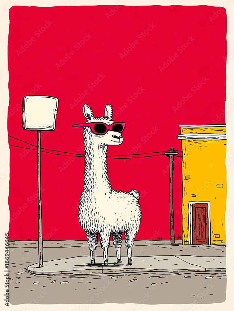Fototapeta premium Lama mit Sonnenbrille im Cartoon Comic Stil - roter Hintergrund - Schild für eigenen Text