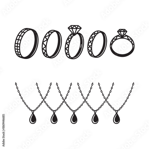 Jewelry Silhouette Set Featuring Rings Engagement Bands And Elegant Necklaces Collection.