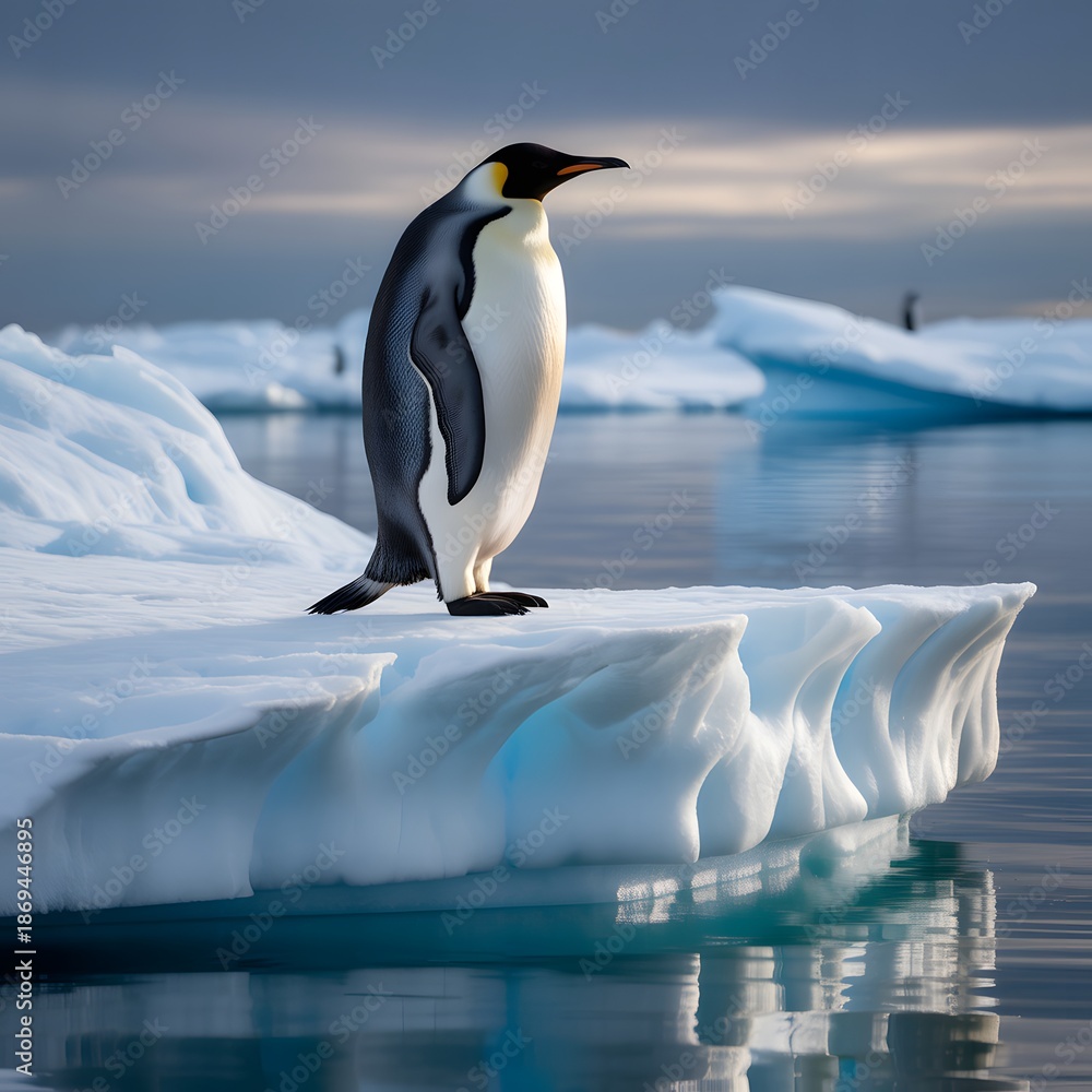 Obraz premium Emperor penguin looking out over the ocean from the edge of a melting white iceberg