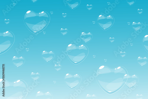 Soapy air bubbles of foam from soap or shampoo in shape of love heart rise into sky. Suds seamless pattern. Detergent froth reflection. Romantic blue shower lather. Vector background