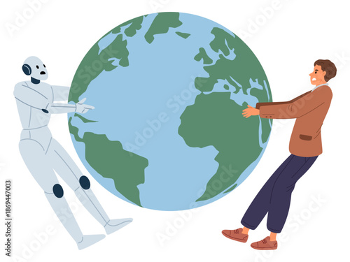 Robots and humans compete for control of planet. Competition between people and cyborgs. Artificial intelligence and man pull globe. Leadership battle. AI technology. Vector concept