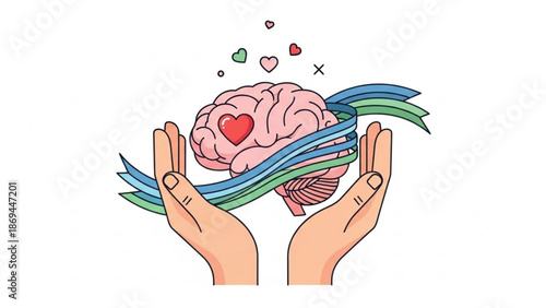 A pink brain with a red heart surrounded by blue and green ribbons held by two hands with floating hearts