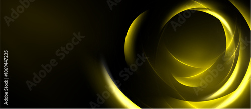 Abstract golden swirls dominate dark background. Dynamic curves create flowing, elegant visual impact. Minimalist design suggests movement, energy.