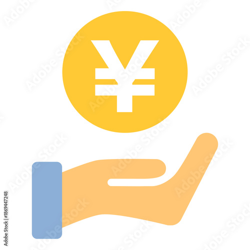 円マークのコインを手で支えるフラットアイコン /Yen Coin on Hand Flat Icon
