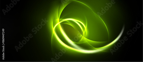 Bright green swirls illuminate dark background. Abstract design evokes energy, movement, light effects. Smooth curves create dynamic visual impact.