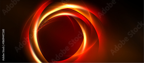 Abstract design features glowing concentric circles. Red, orange hues dominate dark background. Dynamic energy radiates from central point.