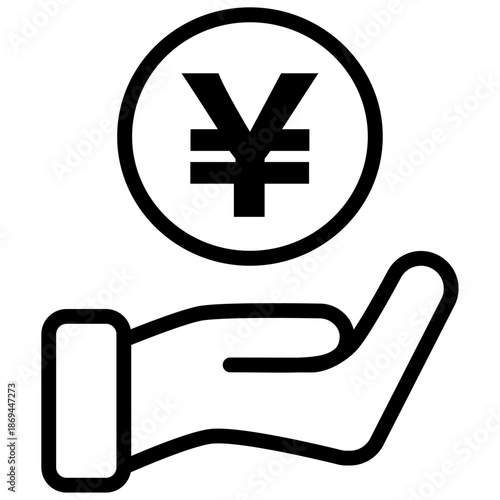 円マークを手で支えるアウトラインアイコン素材 /Outline Yen Coin on Hand Icon