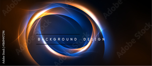 Abstract design features glowing concentric circles. Orange, blue hues dominate dark background. Text reads background design. Modern, dynamic composition.