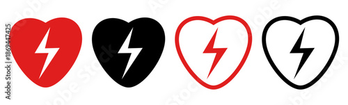 Red and black defibrillator icon with heart and lightning bolt symbol. Medical aid. Ambulance rescue. Electric defibrillation. Cardio rhythm. Silhouette or contour AED signs vector set