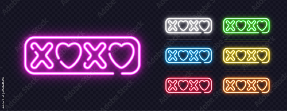 Naklejka premium Neon illustration of XOXO with hearts in six glowing versions, perfect for love, greetings or Valentines design.
